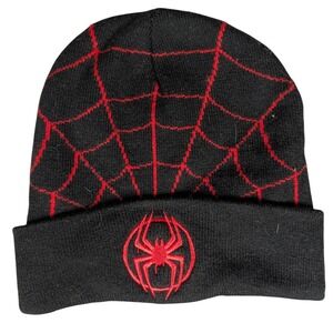 Marvel Miles Morales Spider-Man Black Red Web Knit Cuffed Beanie Hat RN115665‎